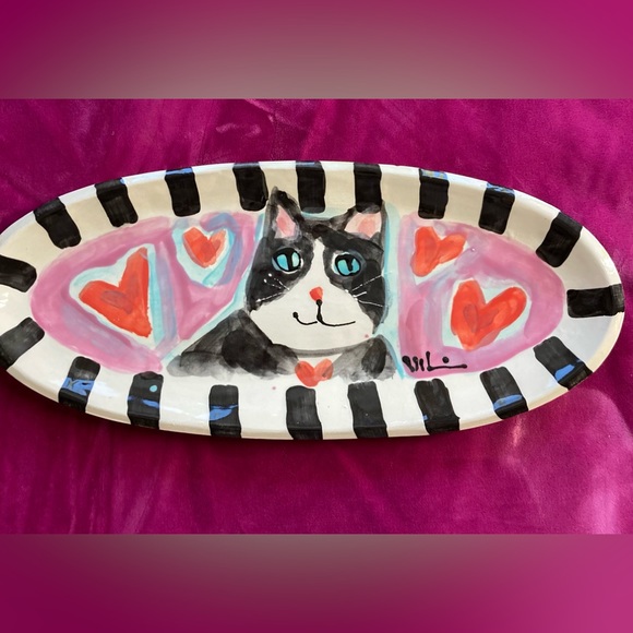 Handmade Ceramic Serving Tray 12.5”x5.5” original design Cat and Heart Design - Picture 1 of 12